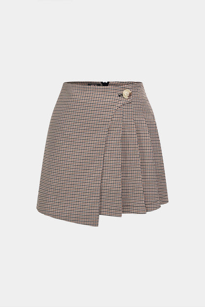 Noblessine Plaid Print Asymmetrical Pleated Mini Skirt