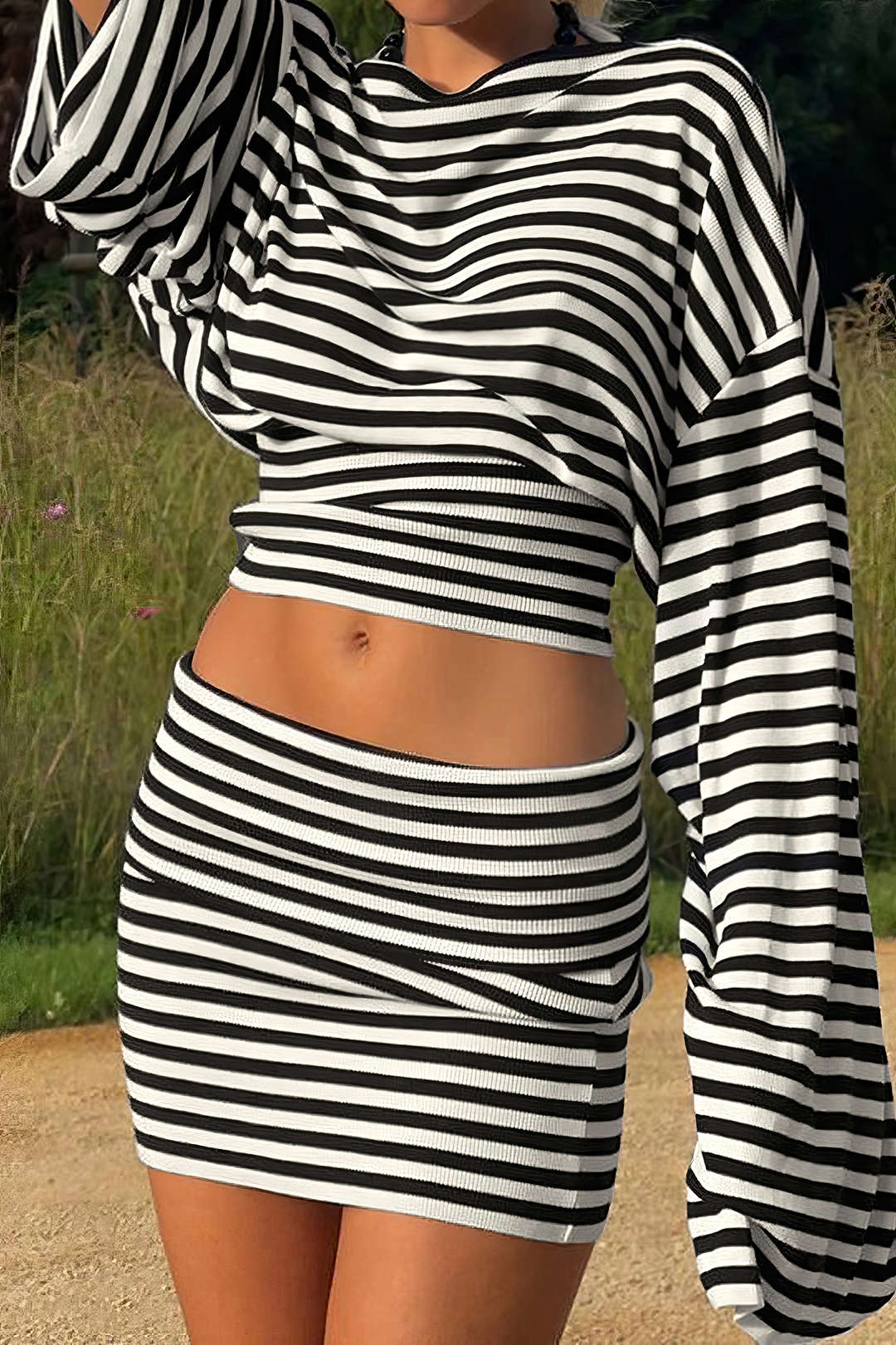 Noblessine Stripes Print Bell Long-Sleeve Top And Mini Skirt Set