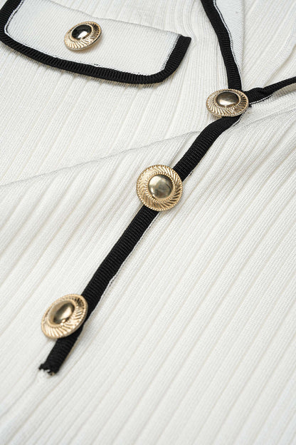 Noblessine Knit Contrast Trim Metallic Button Short Sleeve Mini Dress