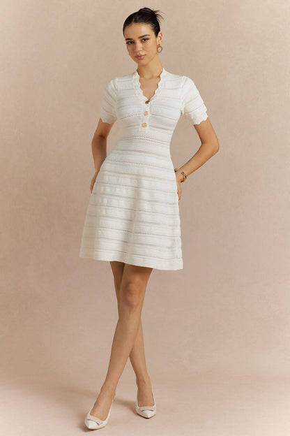 Noblessine V-Neck Cut Out Metallic Button Short Sleeve Mini Dress