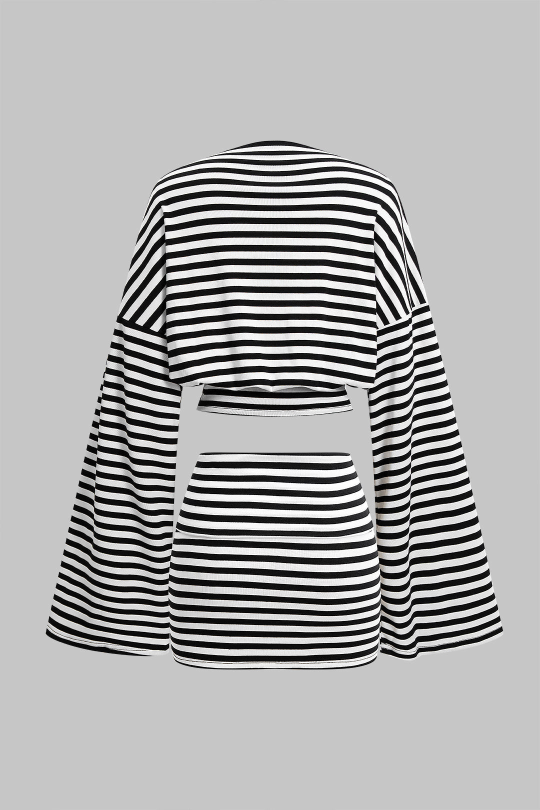 Noblessine Stripes Print Bell Long-Sleeve Top And Mini Skirt Set