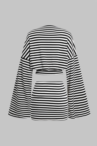 Noblessine Stripes Print Bell Long-Sleeve Top And Mini Skirt Set