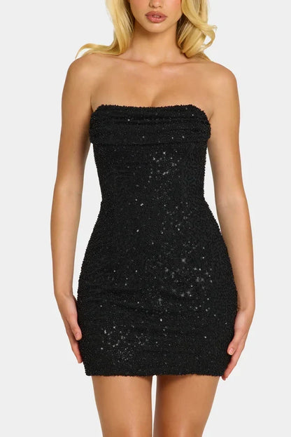 Noblessine Strapless Cowl Neck Mini Dress in Black