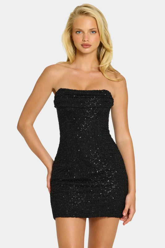 Noblessine Strapless Cowl Neck Mini Dress in Black
