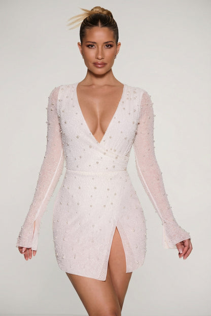 Noblessine Wrap Over A-Line Mini Dress in Ivory