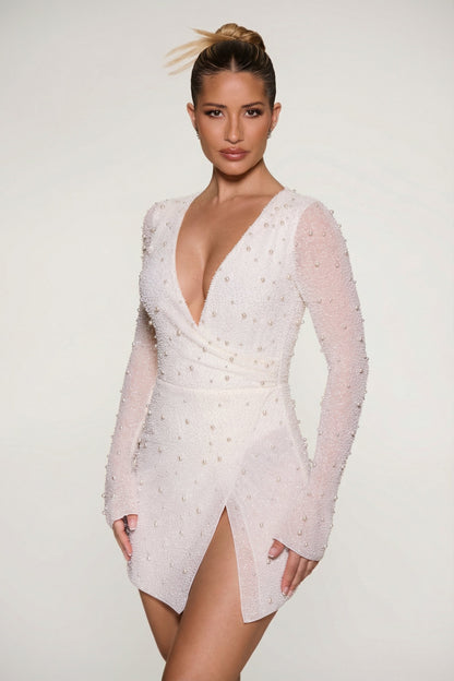 Noblessine Wrap Over A-Line Mini Dress in Ivory