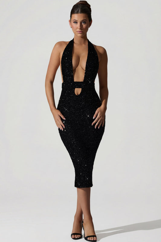 Noblessine Cut-Out Open-Back Midaxi Dress in Black