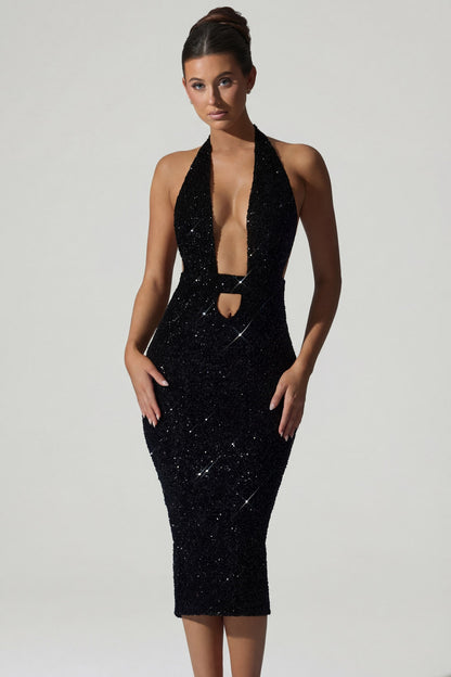 Noblessine Cut-Out Open-Back Midaxi Dress in Black