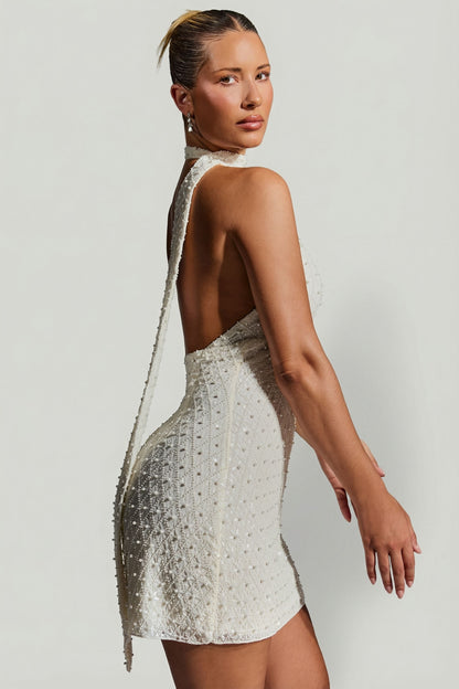 Noblessine Scarf-Detail Halterneck Mini Dress in White