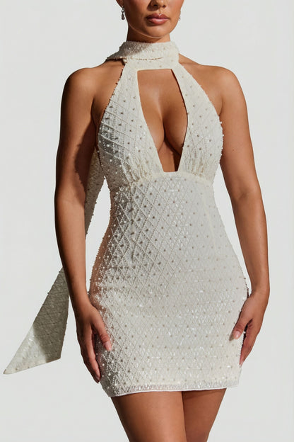 Noblessine Scarf-Detail Halterneck Mini Dress in White