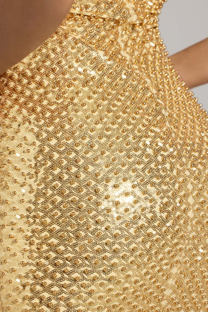 Noblessine Sweetheart-Neck Mini Dress in Gold